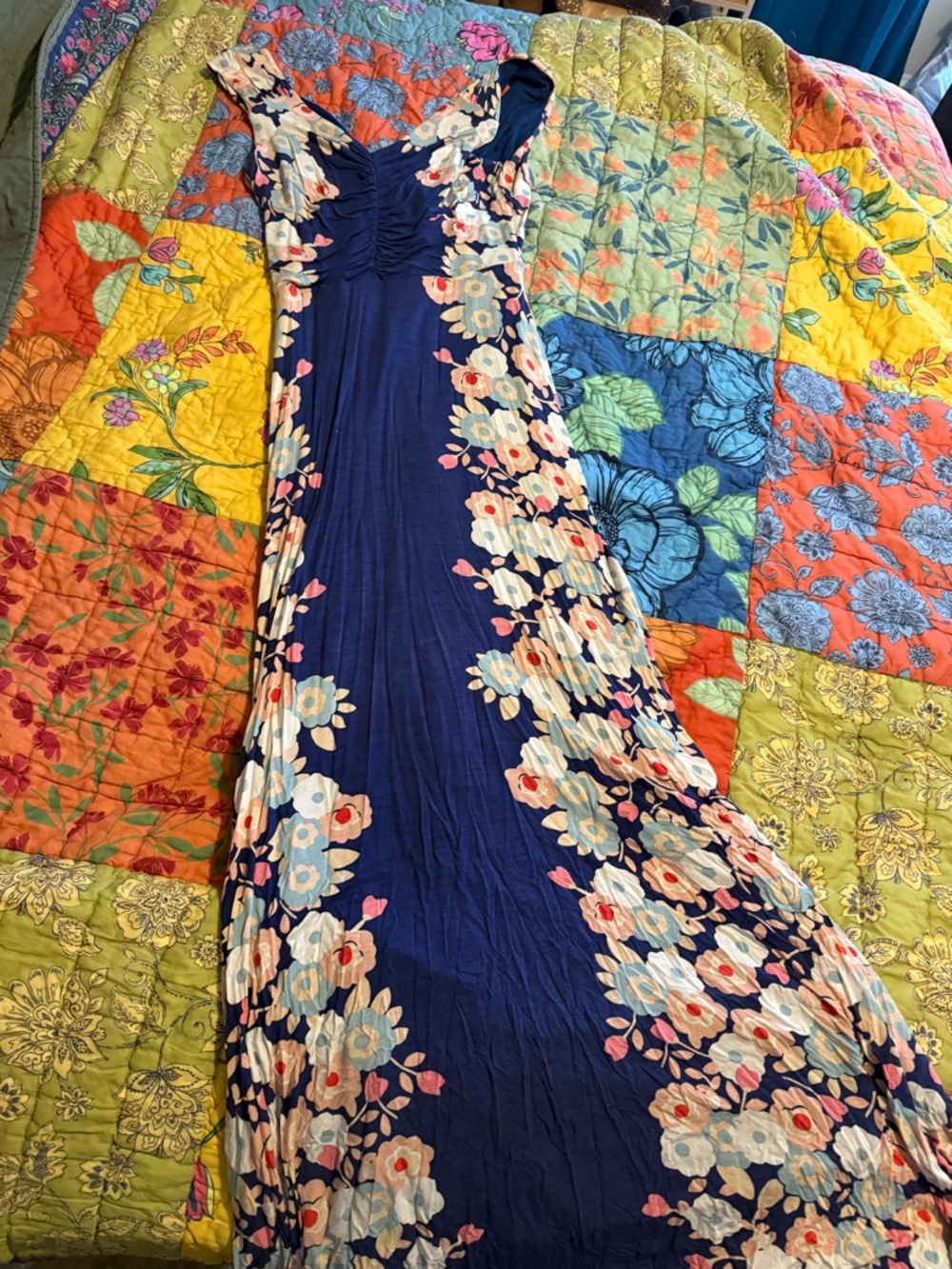 Boden Navy Floral Maxi Dress with Pink & Cream Blooms